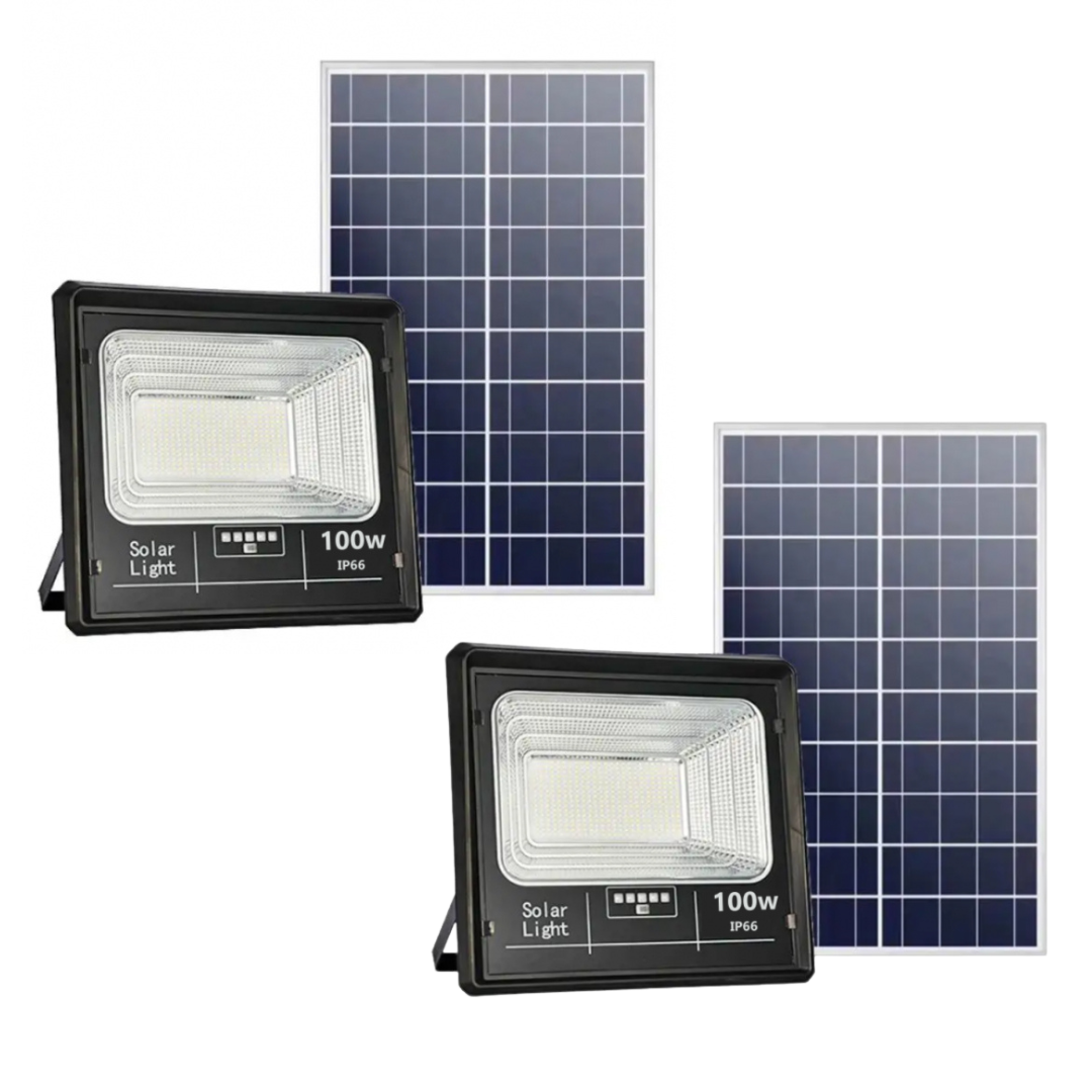 Pachet 2 x Proiector Solar Jortan 100W, IP66, cu Indicator Baterie, 6500K