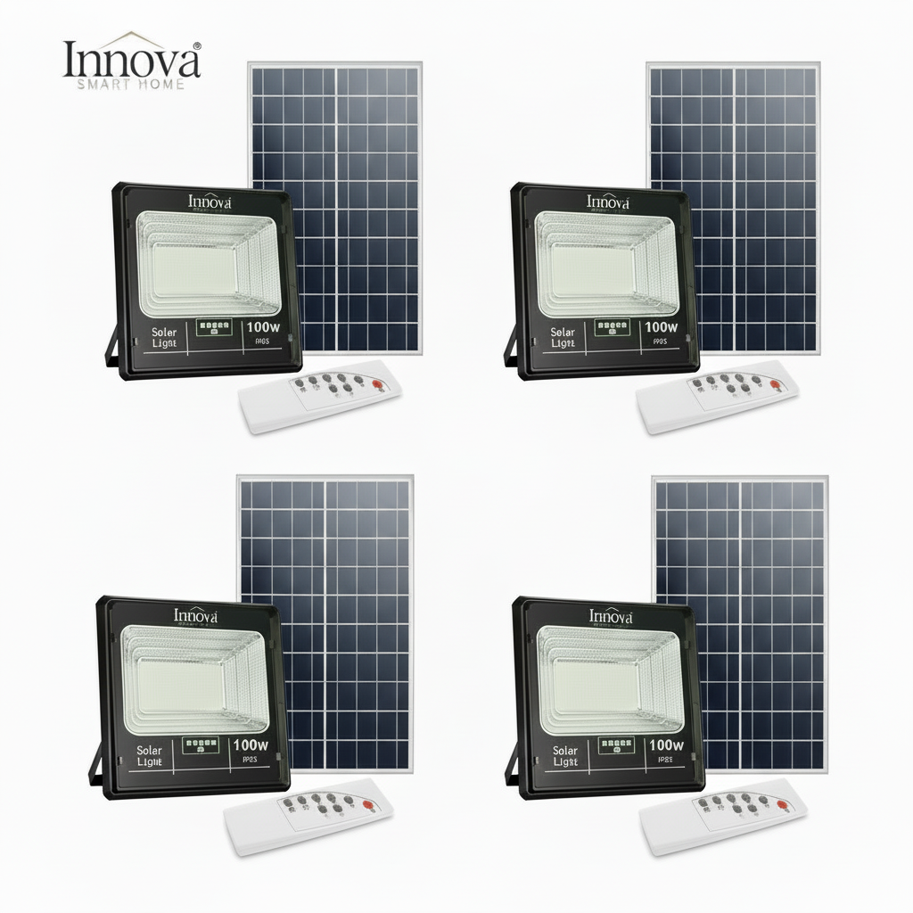 SET 4 x Proiector Solar Innova 100W , IP66 , Indicator Batarie , Telecomanda , 6500k , 3 Ani Garantie