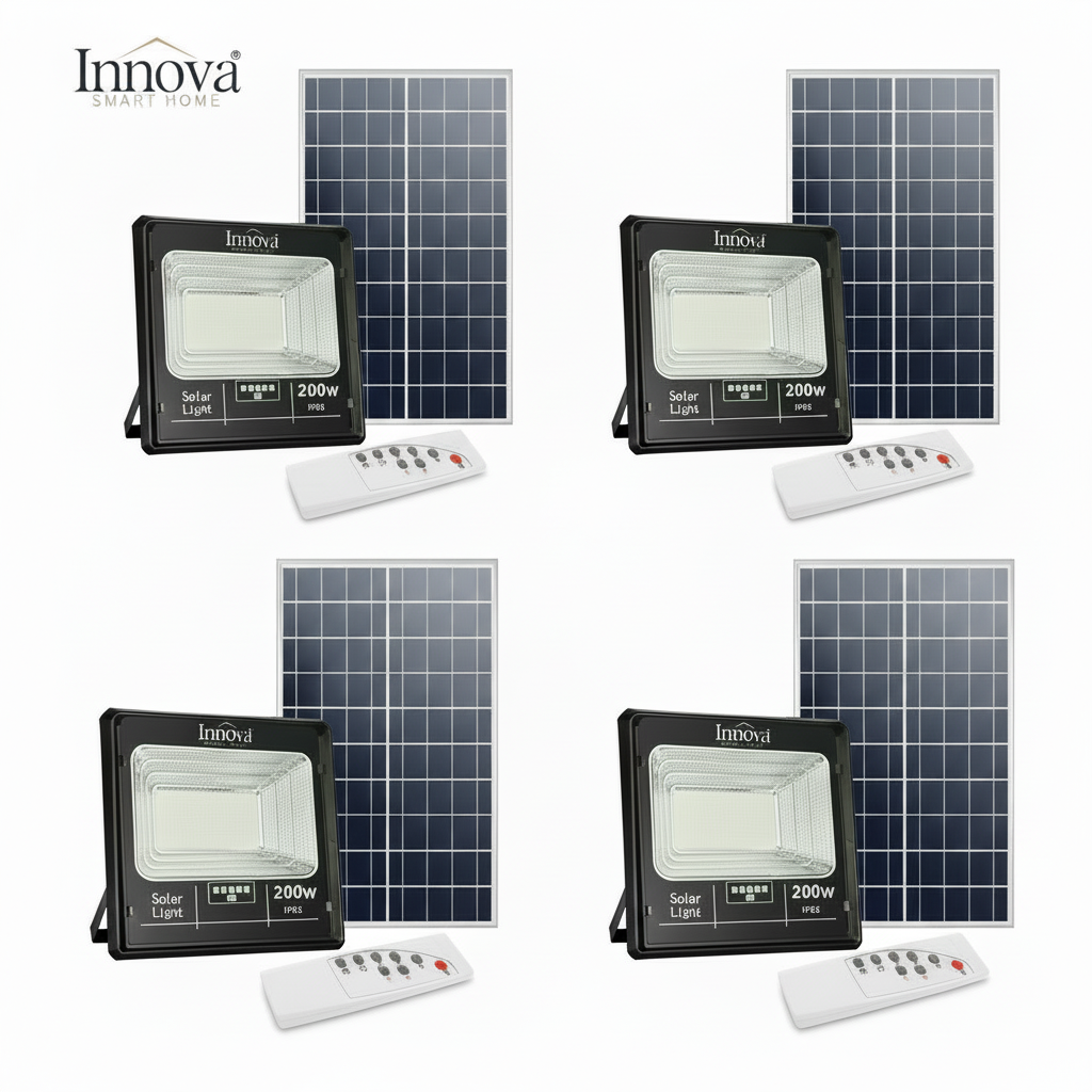 Set 4 x Proiector LED INNOVA 200W Cu Panou Solar si telecomanda, IP66 + Cadou Surpriza