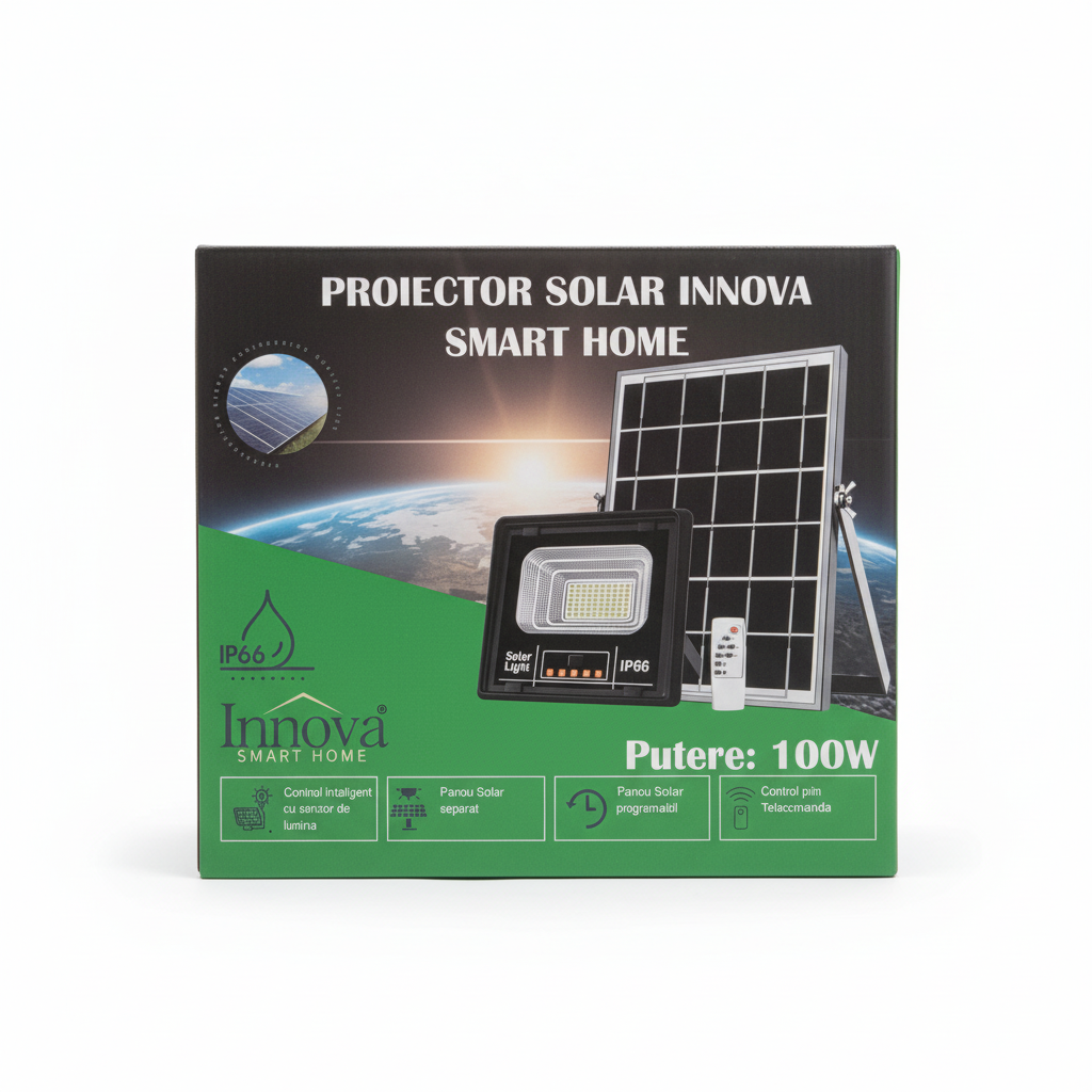 Proiector Solar Innova 100W , IP66 , Indicator Batarie , Telecomanda , 6500k , 3 Ani Garantie