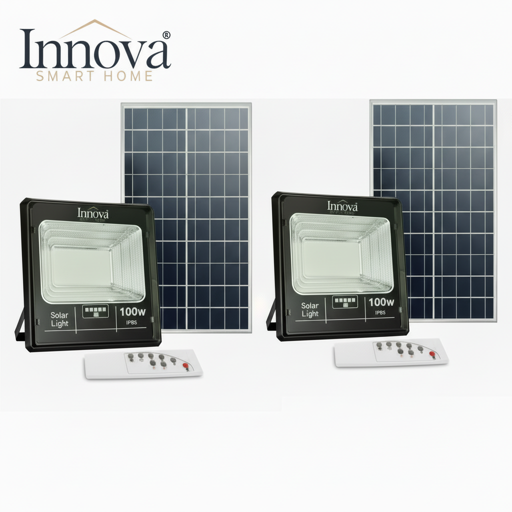 SET 2 x Proiector Solar Innova 100W , IP66 , Indicator Batarie , Telecomanda , 6500k , 3 Ani Garantie