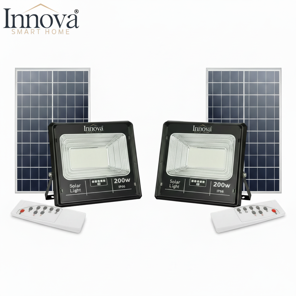 Set 2 x Proiector LED INNOVA 200W Cu Panou Solar si telecomanda, IP66 + Cadou Surpriza
