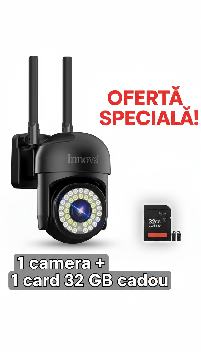 Cameră de Supraveghere Innova WIFI, 36 LED-uri, HD, Viziune Nocturnă cu Infraroșu și Protecție IP66 + Card Cadou