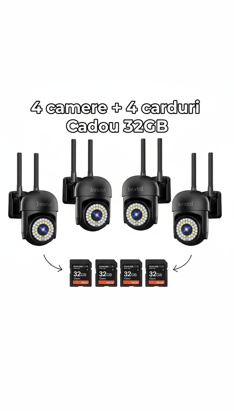 Pachet 4 x Cameră de Supraveghere INNOVA WIFI, 36 LED-uri, HD, IP66 + 4 Carduri Cadou
