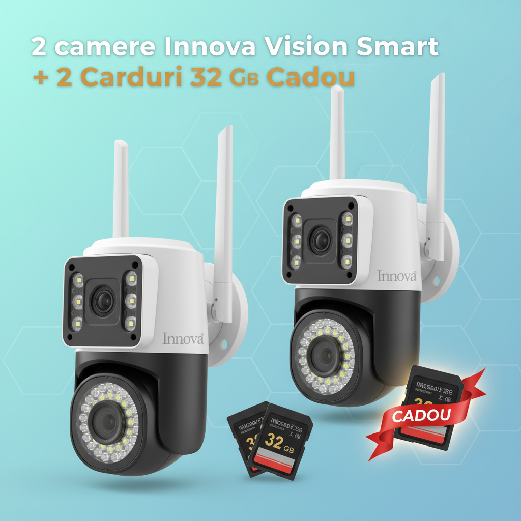Set 2 x Cameră Video Duală INNOVA VISION SMART 6MP , 42 Led, Vedere 360°, Wifi +2 card 32gb Cadou