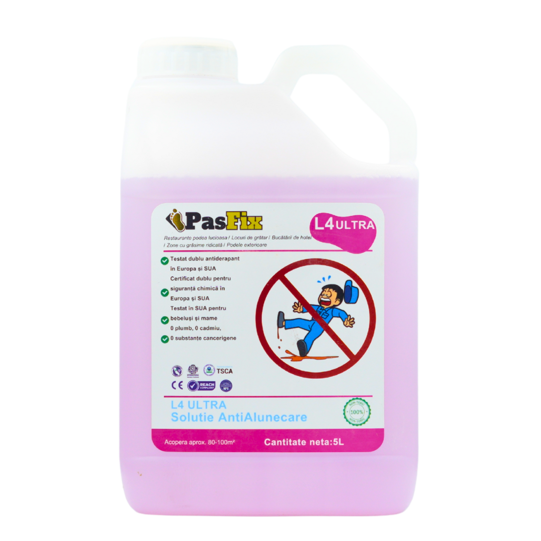 Soluție Antialunecare PasFix L4 ULTRA 5L – Protecție profesională pentru podele lucioase, bucătării de hotel și zone cu grăsime ridicată