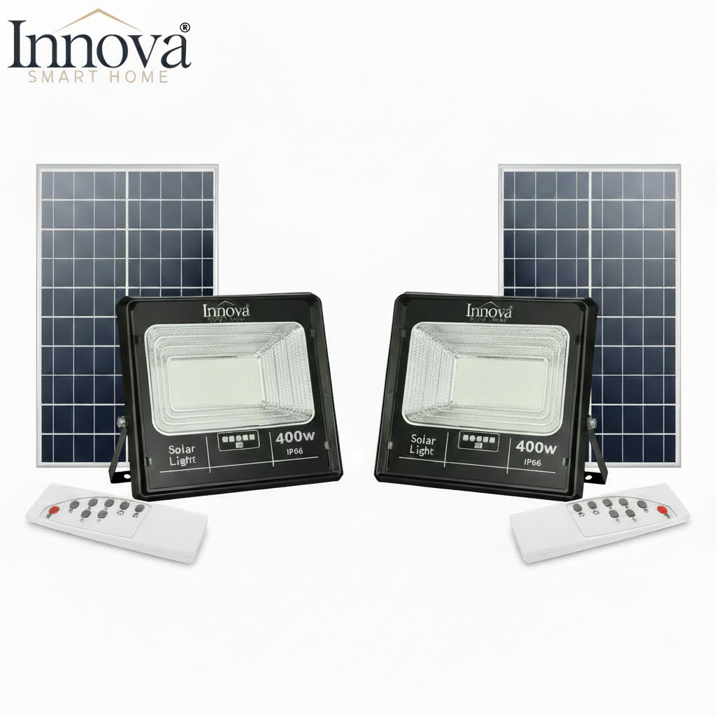 Set 2 x Proiector LED INNOVA 400W Cu Panou Solar si telecomanda, IP66 + Cadou Surpriza