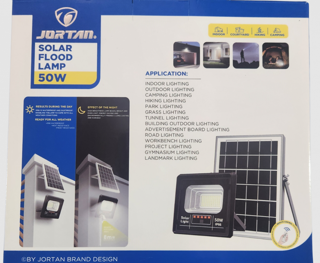 Proiector Solar Jortan 50W, IP66, cu Indicator de Baterie, Telecomandă și Lumină Alb Rece 6500K