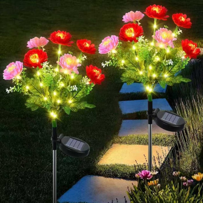 Set 2 Lampi Solare Decorative Bujori Roz M374-2, 60cm cu panou solar integrat – iluminat ambiental gradina