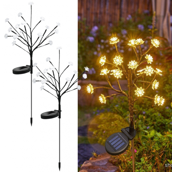 Set 2 Lampi Solare Decorative Ramura cu Flori LED, 65cm, IP66