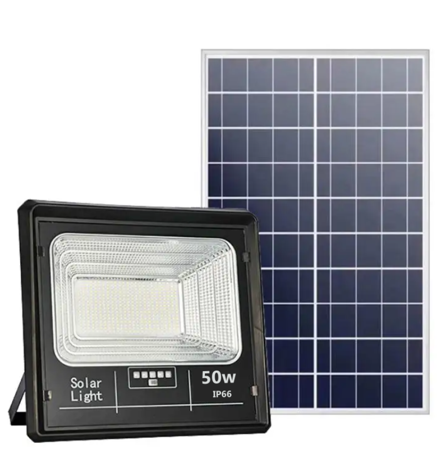 Set 2 x Proiector Solar Jortan 50W, IP66, cu Telecomandă și Indicator de Baterie, Lumină Alb Rece 6500K