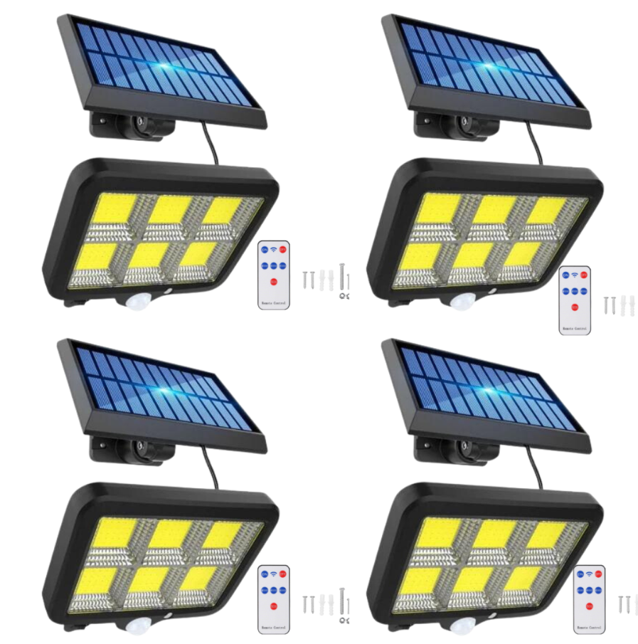 Set 4 x Proiectoare Solare cu Panou Separat și Senzor de Mișcare, 96 COB LED + cadou surpriza