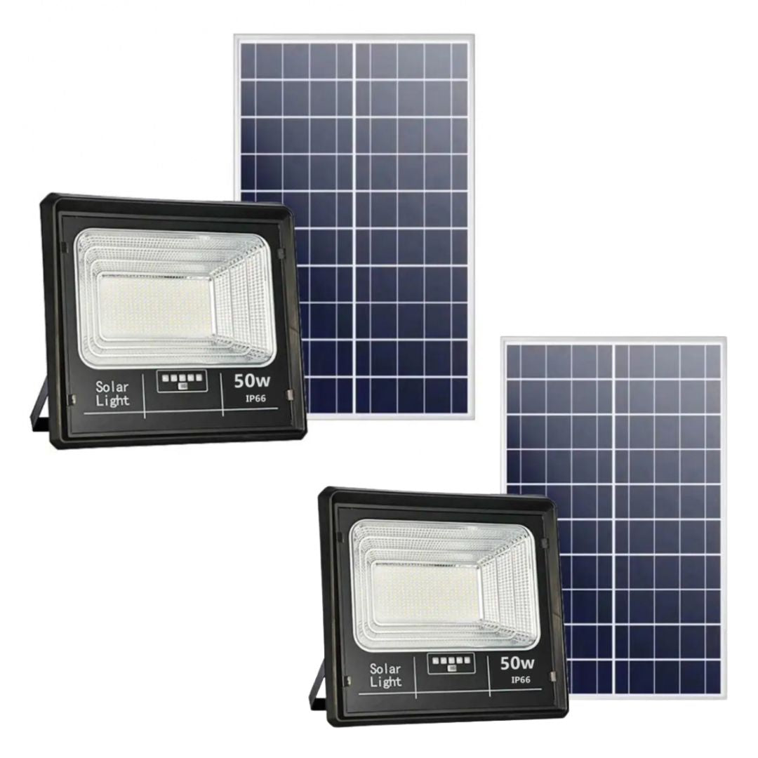 Set 2 x Proiector Solar Jortan 50W, IP66, cu Telecomandă și Indicator de Baterie, Lumină Alb Rece 6500K